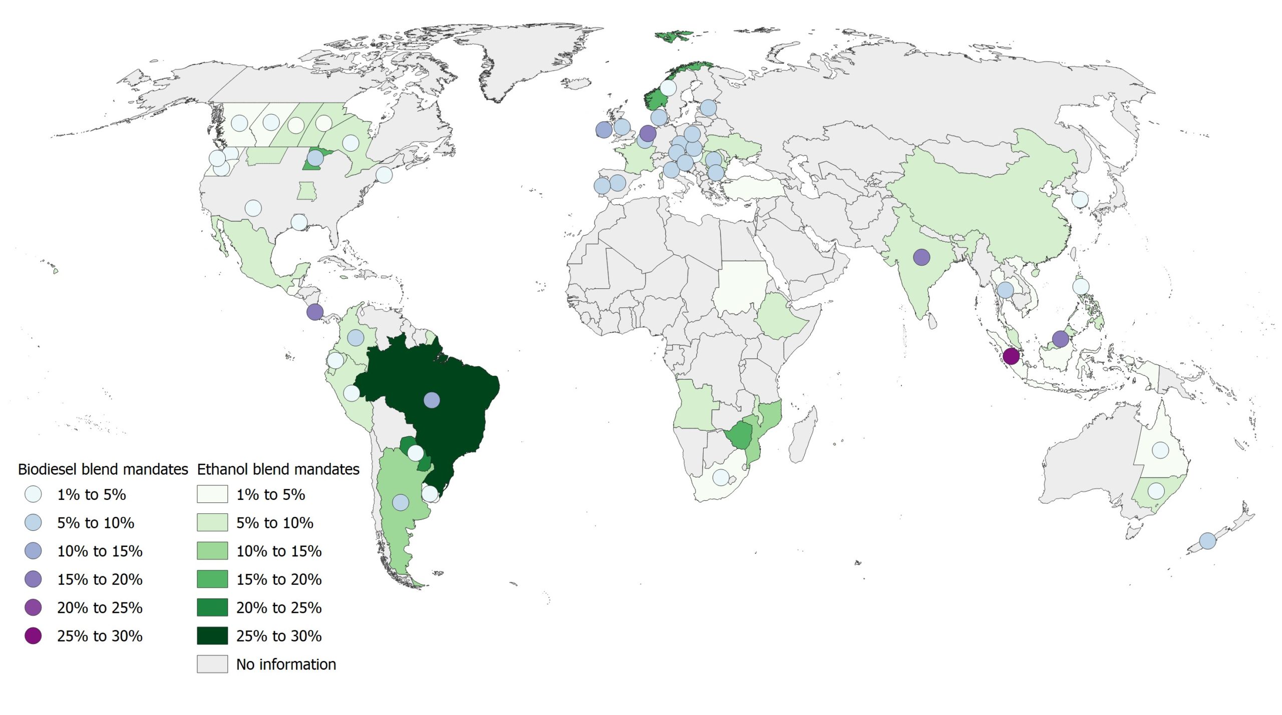 Biofuel blending mandates worldwide, by blend level, as of 2020